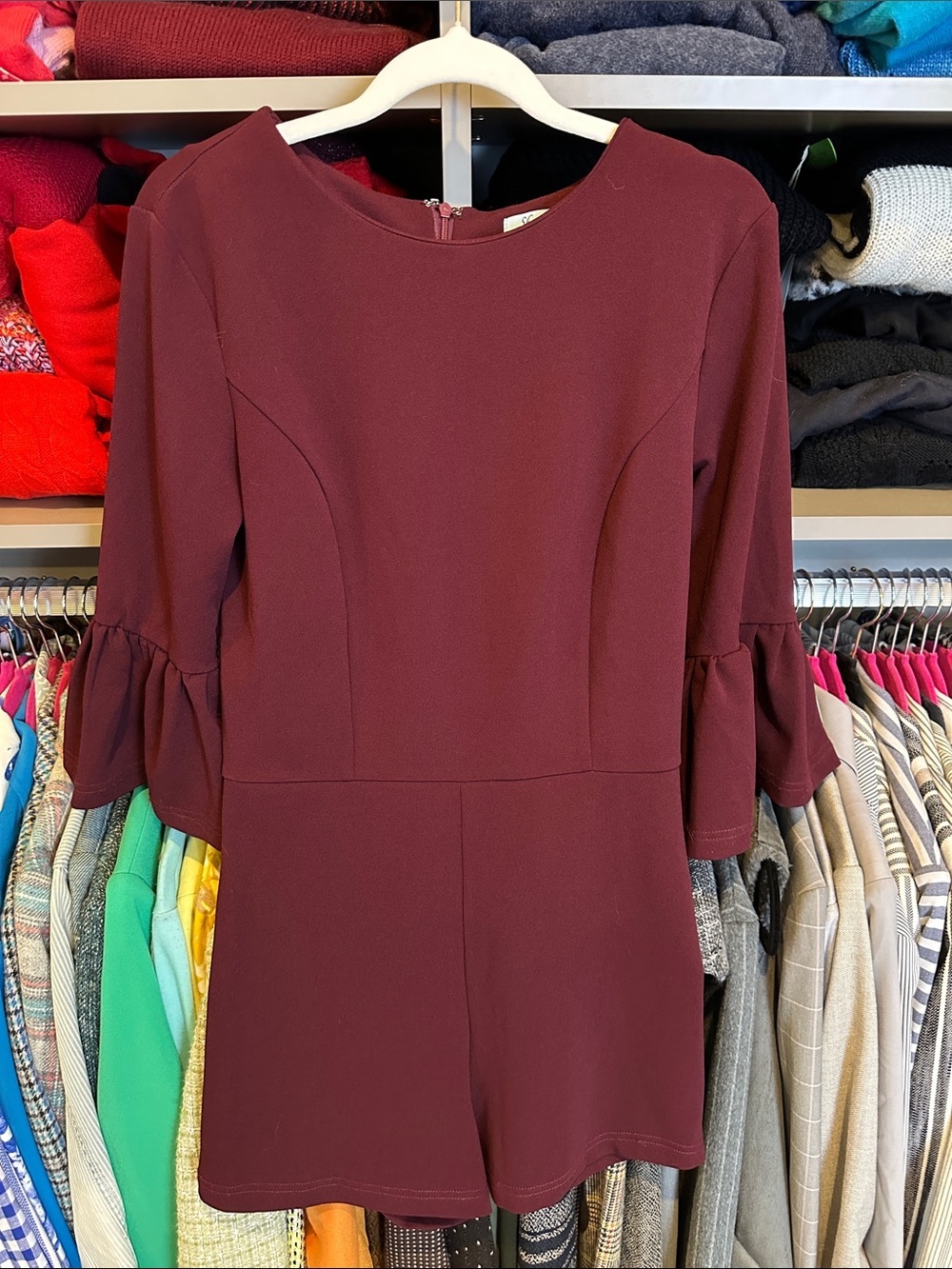 She + Sky purplish maroon 3/4 bell sleeve back zipper closure romper size S